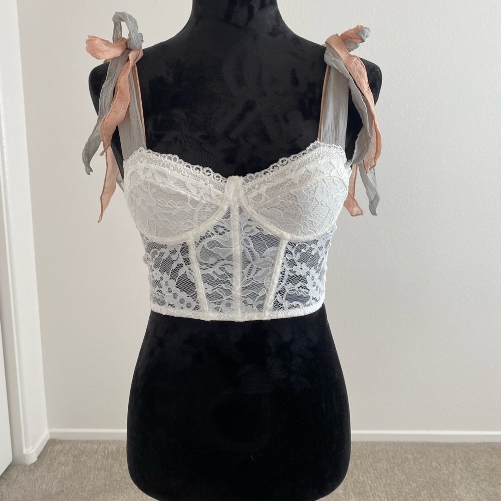 SHEIN White Lace Crop Top with Ribbon Straps